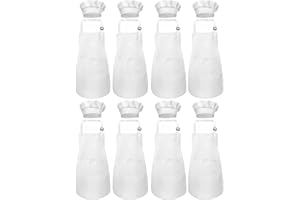 IAGBIBUI Kids Apron and Chef Hat Set, 16 Pieces Boys Girls Kids Apron with 2 Pockets Adjustable for Cooking Classroom Baking Painting, 6-13 Years, White