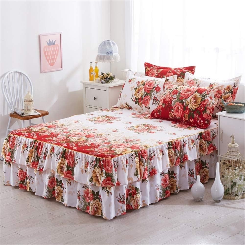 TENCMG Romantic Two Layer Bed Skirt - Elegant Chiffon Bedspread Satin Cotton Bed Sheet - Wedding Decoration Bed Cover with Elastic Band,A,Queen（150x200+40cm）