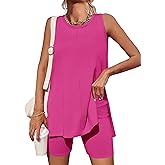 Esobo Women's Summer 2 Piece Outfits Sleeveless High Low Spilt Hem Tank Top Biker Shorts Sets Lounge Set Tracksuit