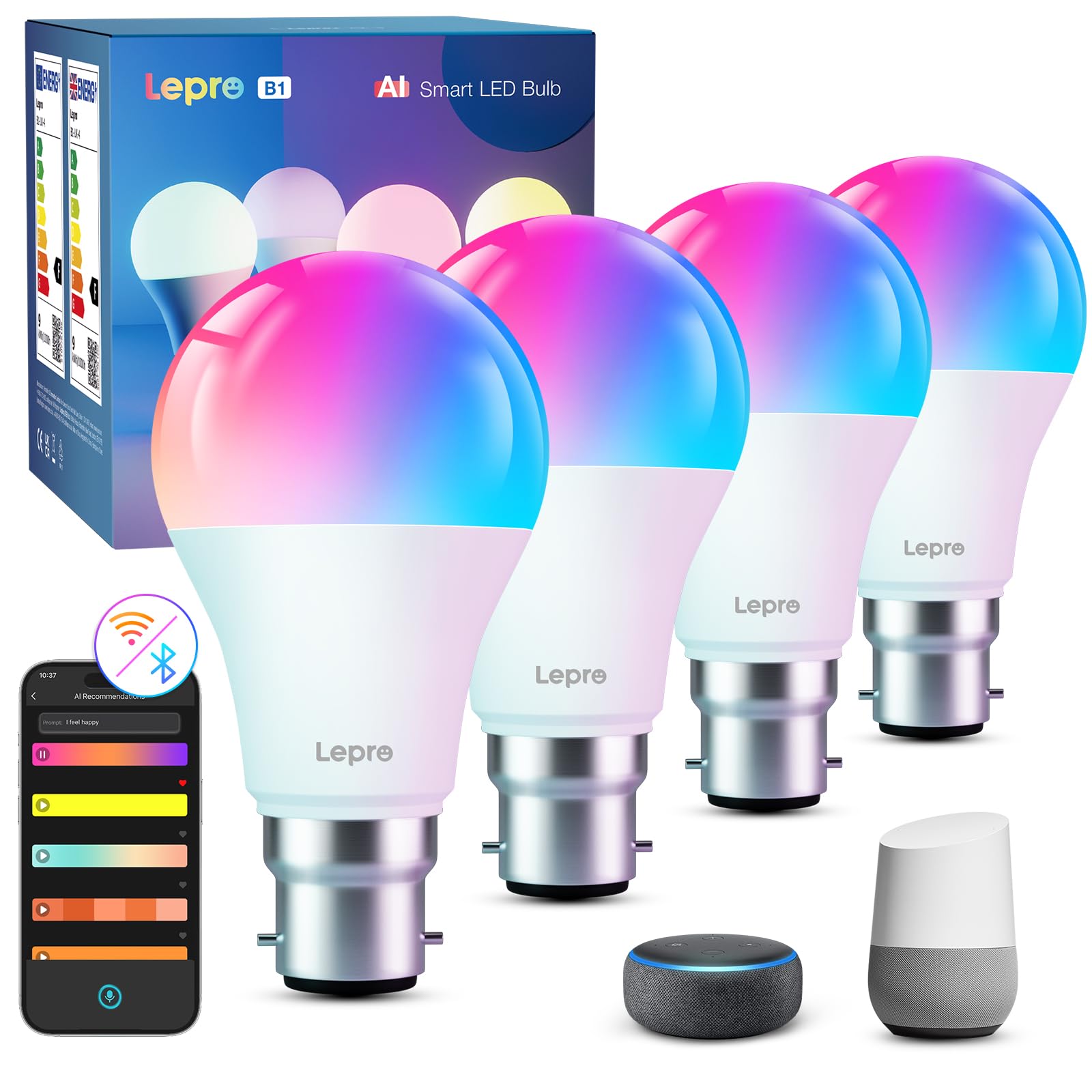 Lepro AI Smart Bulb B22, Music Sync Bayonet WiFi Bulb, Colors Changing Light Bulb Works with Alexa & Google Assistant, 806lm, Voice Control, Personalized AI Lighting Designer, 4 Packs
