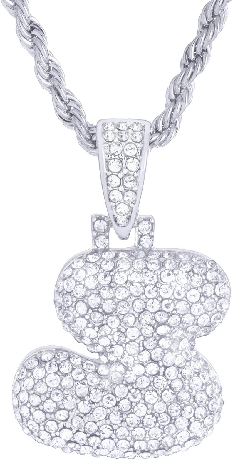 20" Chain A - Z Initial Bubble Letter Silver Plated Iced CZ Pendant Necklace (S)