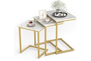 Tangkula Nesting Table Set of 3, Rectangle Stacking Side End Table with Wood Top & Metal Legs, Adjustable Foot Pads, C-Shaped