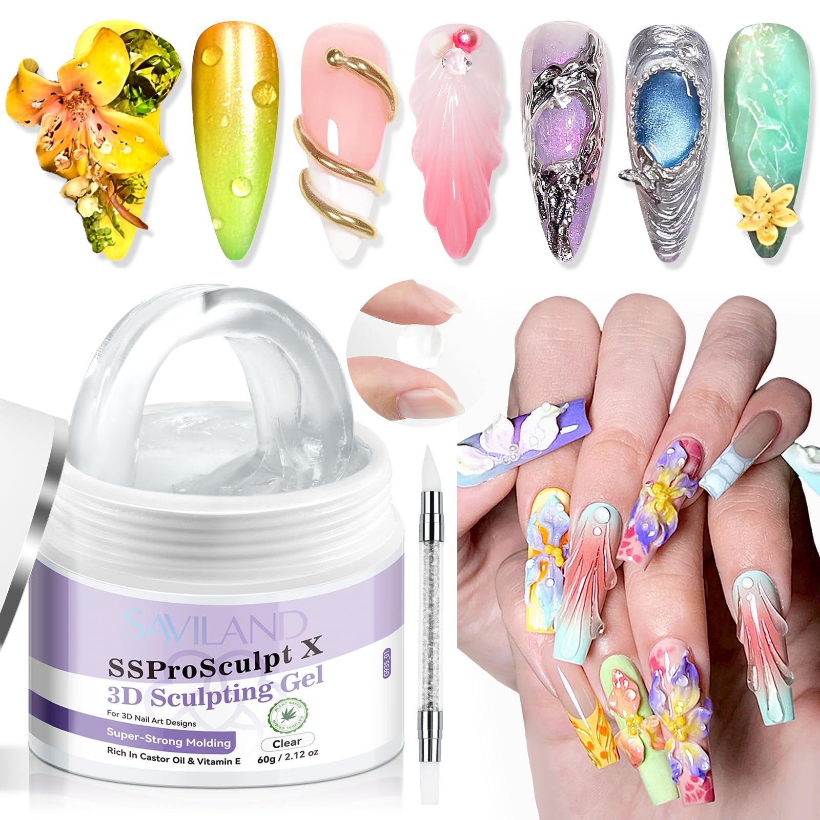 SAVILAND 3D Nail Sculpting Gel: Super Strong Clear Solid, Non-Sticky 60g Large Capacity 3D Nail Gel for Extension Salon
