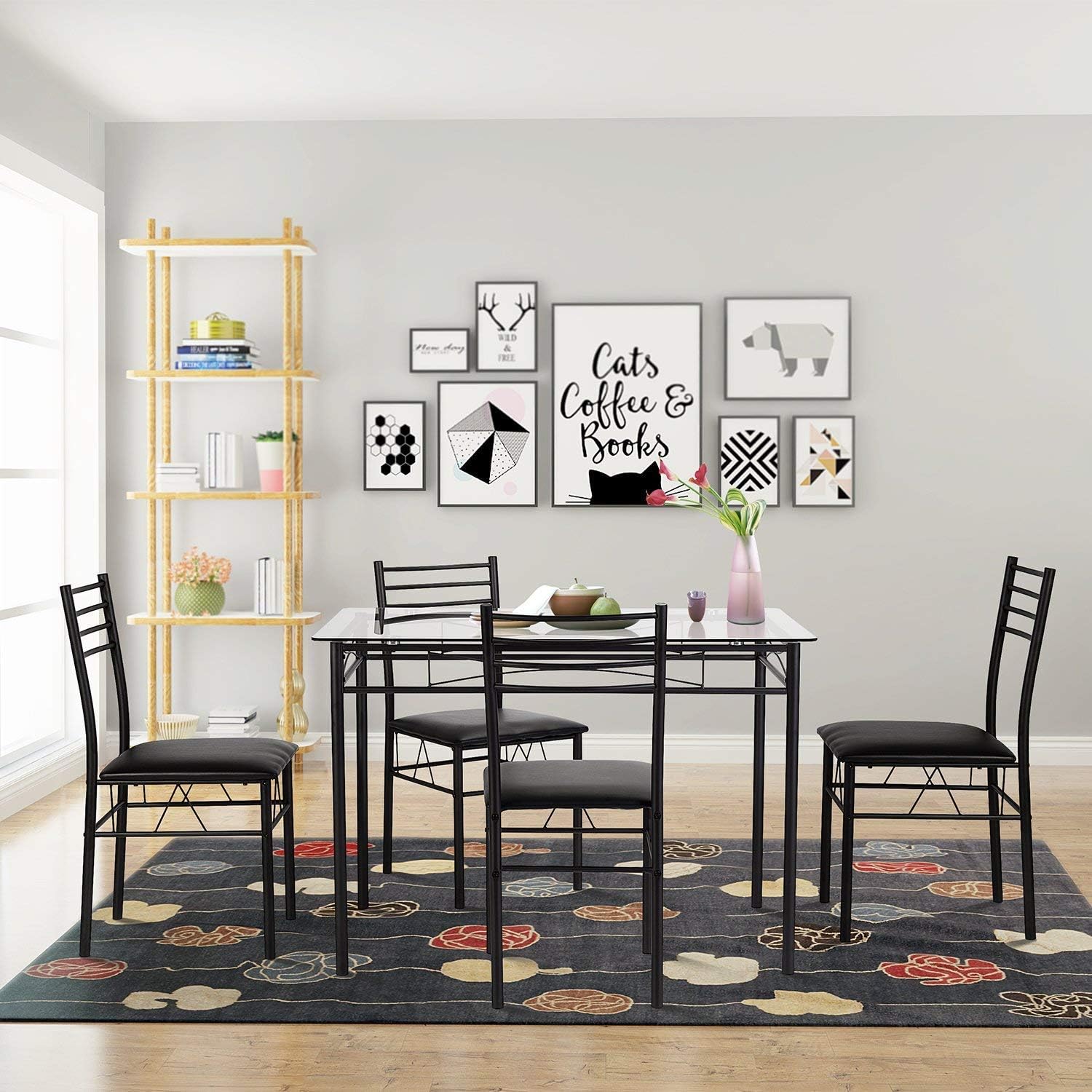 VECELO Dining Table with 4 Chairs [4 Placemats Included, Black - Table & Chair Sets