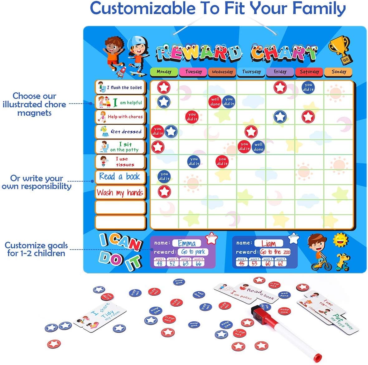 Reward Chart, Refrigerator Chore Chart for Two Kids, 15 x 13