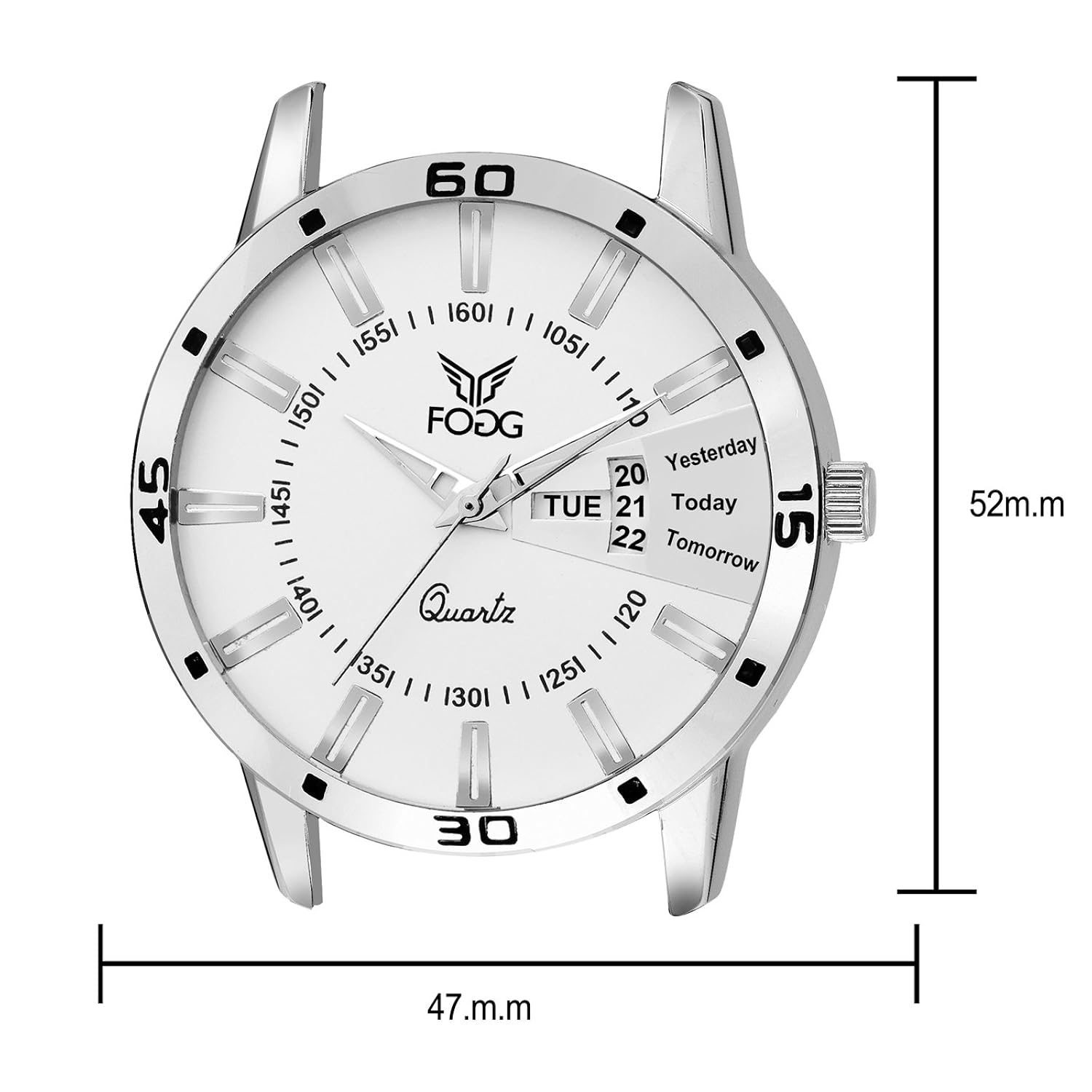 fogg stainless steel day and date white dial analog mens watch (2038-wh)