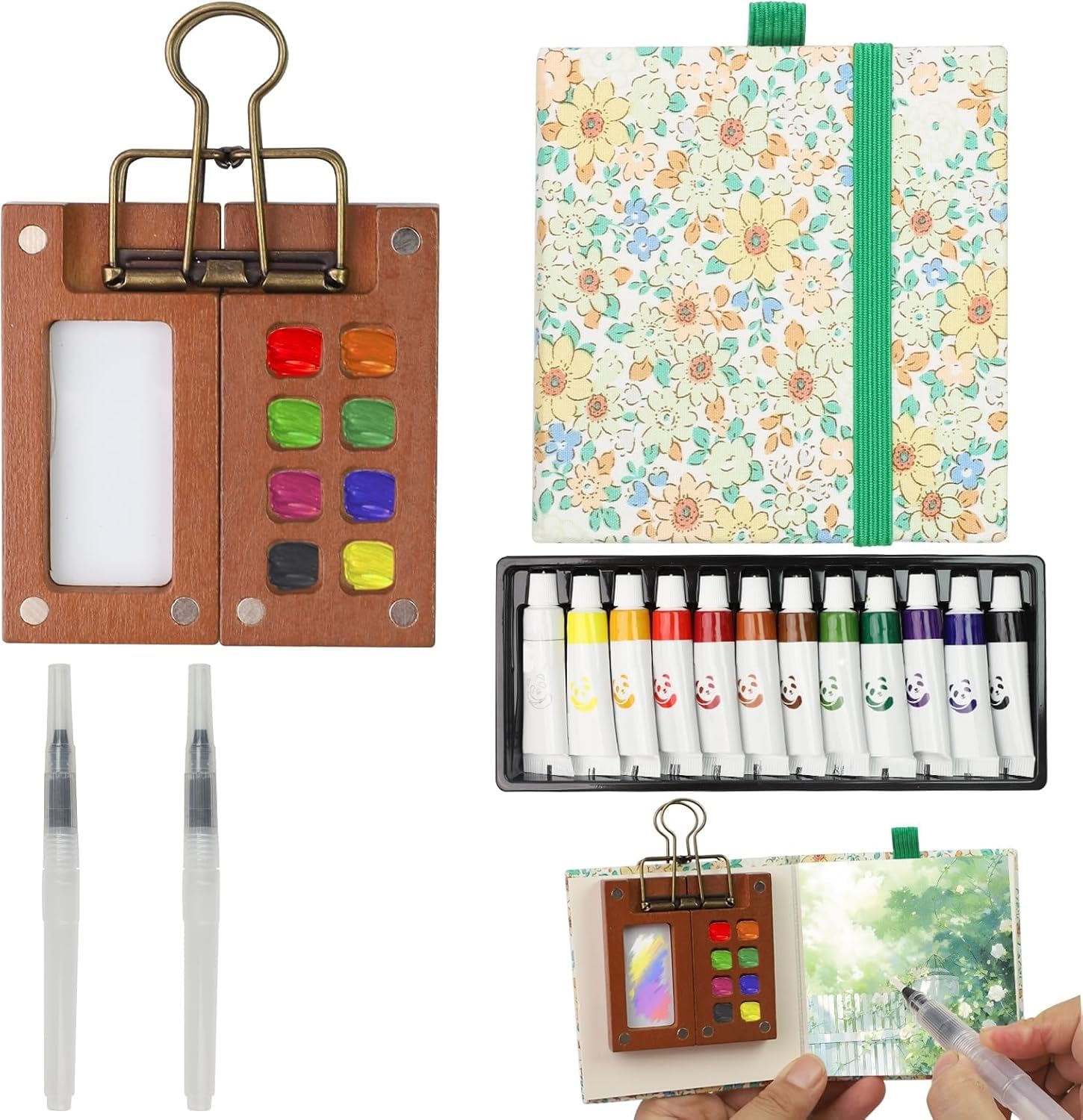 Travel Painting Set, Portable Watercolor Palette Mini Watercolour Paint Wooden Paint Palette with Metal Clip 12 Colors Water Colour Paints Sets with Sketchbook Water Pen for Artists Travel Sketchers