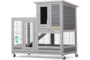 COZIVVOVV Assembled Indoor Outdoor Rabbit Hutch on Wheels, Small Animal Houses Habitats, Rolling Large Bunny Cage with Removable Tray, Ramp, Two Story Guinea Pig Hamster Cage, Grey
