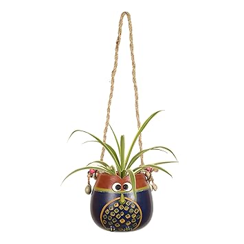 Blue-Brown Earthen Planter Pot with Jute Hanger