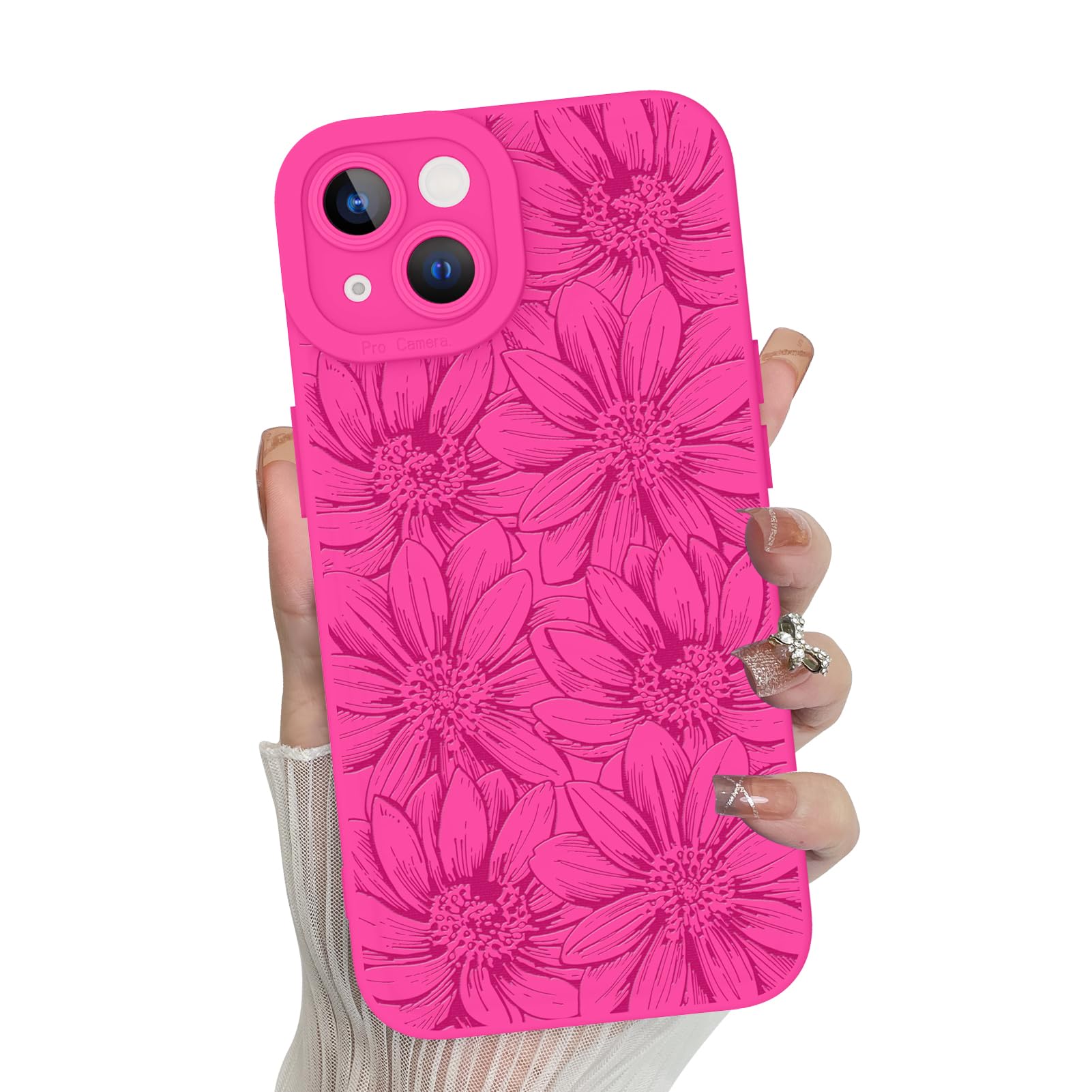 MZELQ for iPhone 15 Case, Silicone Floral Flowers Sunflowers Cute Pattern, Camera Protection Soft Slim Phone Cover for Girls Women -Hot Pink