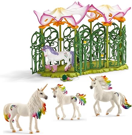 Schleich Stall 42174 mit Regenbogeneinhornfamilie - Hengst 70523, Stute 70524 & Fohlen 70525 - 3er Set