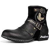 Psanfawq Motorcycle Boots Men Waterproof Leather -Retro Moto Biker Boots with Zip Up & Harness, Riding Combat Boots for Men Casual & Daily Wear