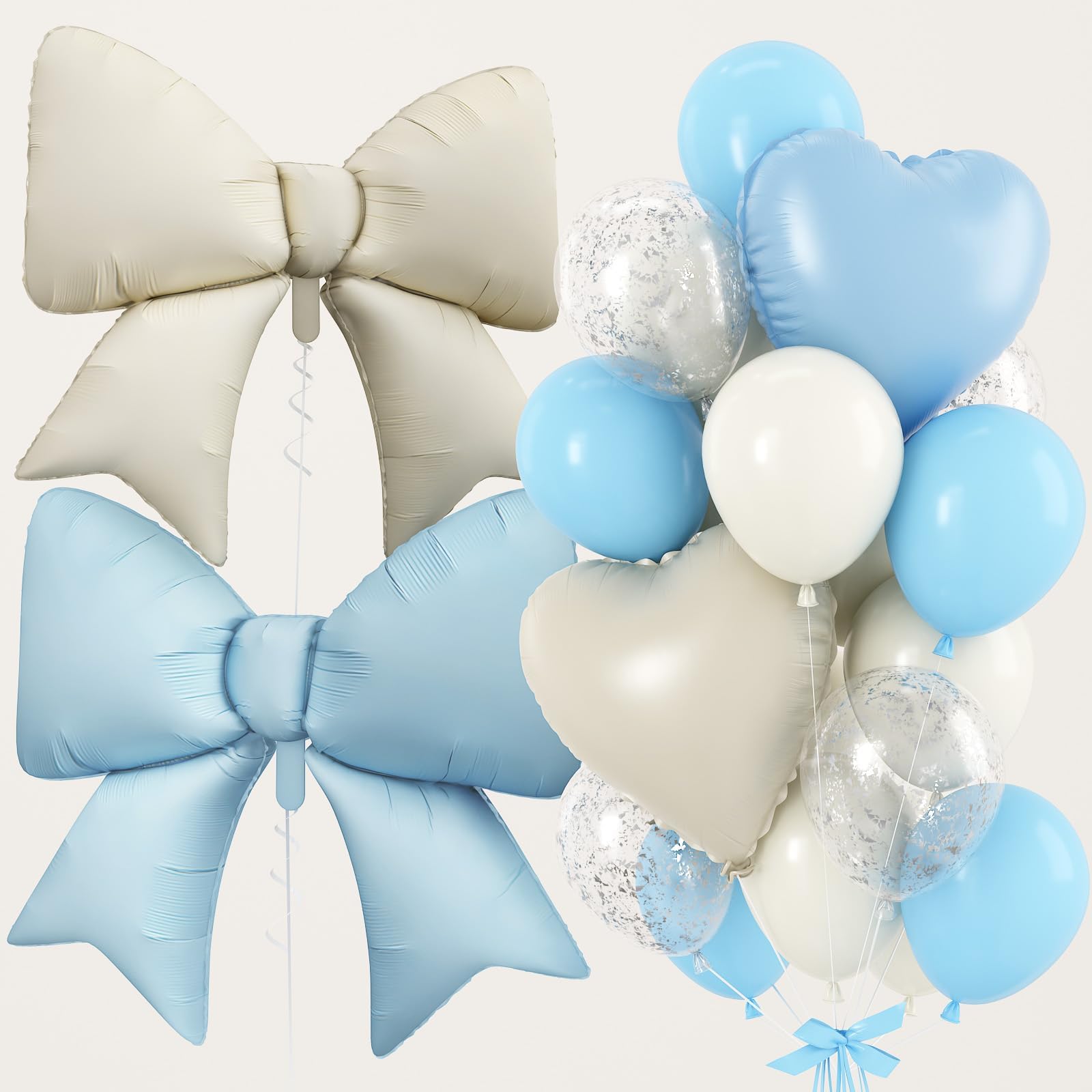 Blue and Cream Heart Balloons, 38 Inch Bow Balloons, Baby Light Blue White Sand Party Balloon Set, Giant Bows Helium Foil 18 Inch Heart Shaped Balloon for Birthday Baby Shower Wedding Bridal Shower
