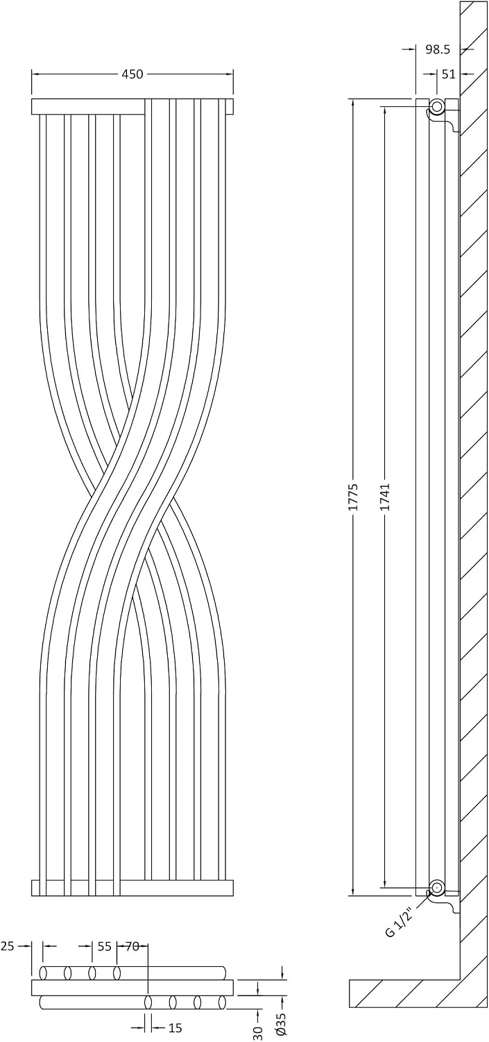Nuie HLW94 Xcite Modern Home Wall Mount Curved Designer Radiator, 1775mm x 450mm x 95mm, High Gloss White - Image 3