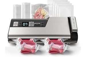 Mesliese Vacuum Sealer Machine, 95kPa 140W One Hand Operation Food Sealer, Double Seal Strip with Build-in Cutter & Countdown Display, 2 Bag Rolls, 5PCS Pre-cut Bags, PULSE & Marinate Enabled