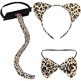 obmwang 3 Pieces Leopard Cat Costume Set Cat Ears Headband Bowtie and Tail Set Fancy Animal Cosplay for Halloween Dress Up Party