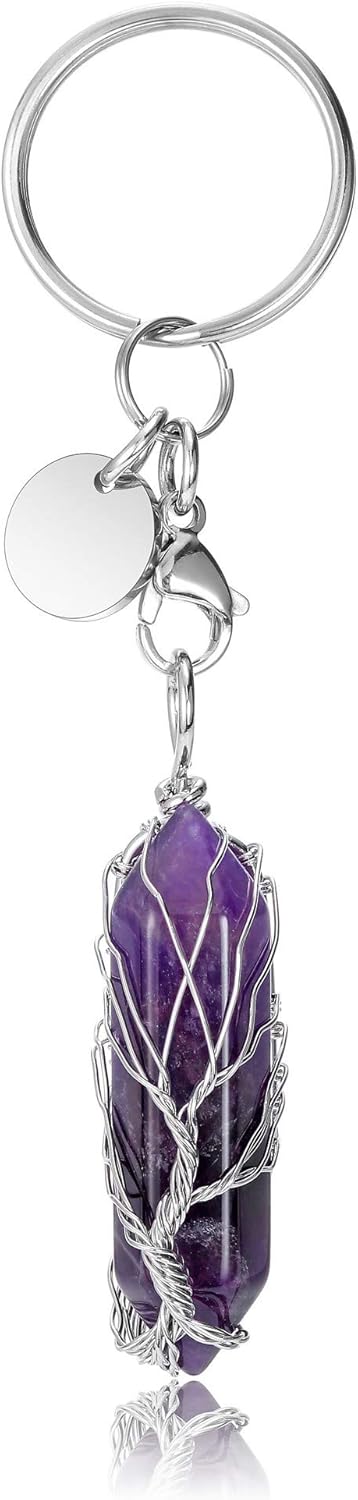CrystalTears Amethyst Healing Crystal Keychain Tree Life Wire Wrapped Hexagonal Crystal Point Keyring Charms for Home Car Key Decor Gift for Women Girls Christmas