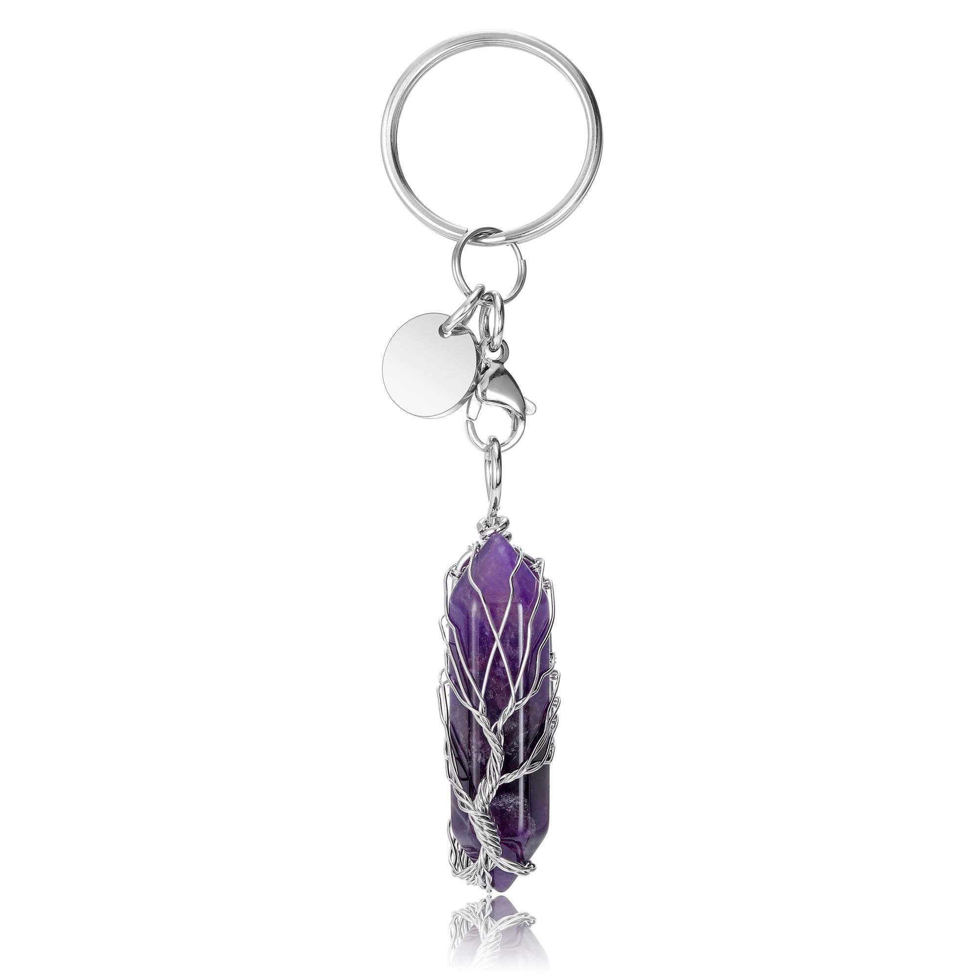 CrystalTears Amethyst Healing Crystal Keychain Tree Life Wire Wrapped Hexagonal Crystal Point Keyring Charms for Home Car Key Decor Gift for Women Girls Christmas