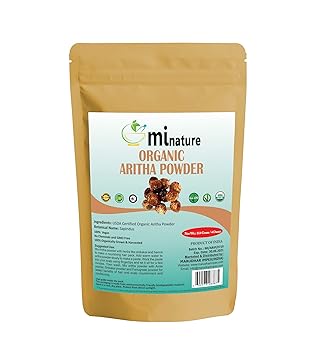 mi nature Organic Aritha Powder/Soap nut Powder(SAPINDUS MUKOROSSI) FOR SILKY HAIRS / 100% Pure, Natural and Organic - (114g) / 4 ounces) - OXO/BIODEGRADABLE Resealable Zip Lock Pouch
