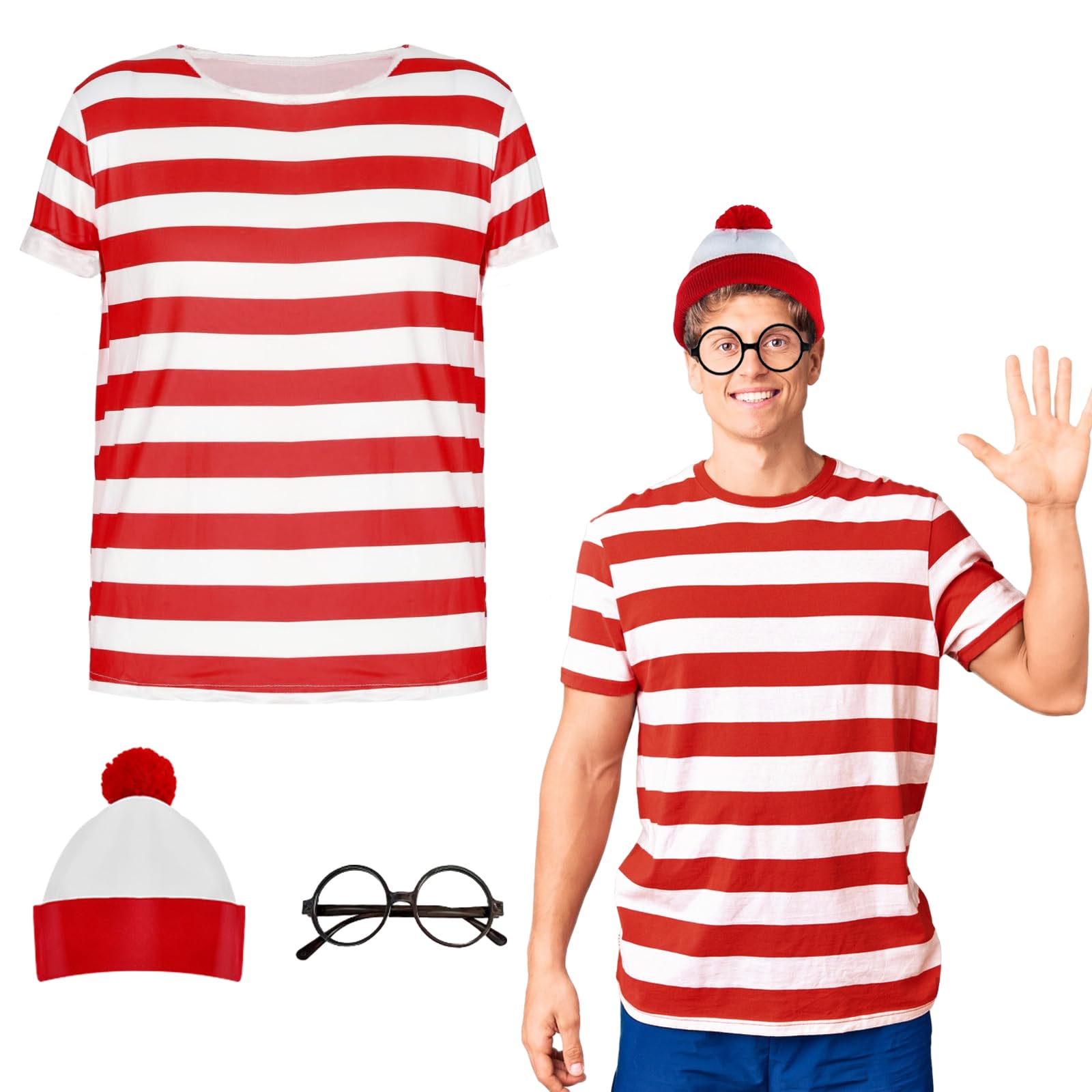 Wally Costume Cosplay Accessories Set with Red and White Striped T-Shirt, Beanie Hat, Black Nerd Glasses Fancy Dress for Adult World Book Day, Halloween，School Dress up Day