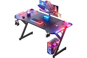 HLDIRECT 40 Inch Gaming Desk with LED Lights, Home Office Gamer Desk, Ergonomic Computer Table with Large Carbon Fiber Deskto
