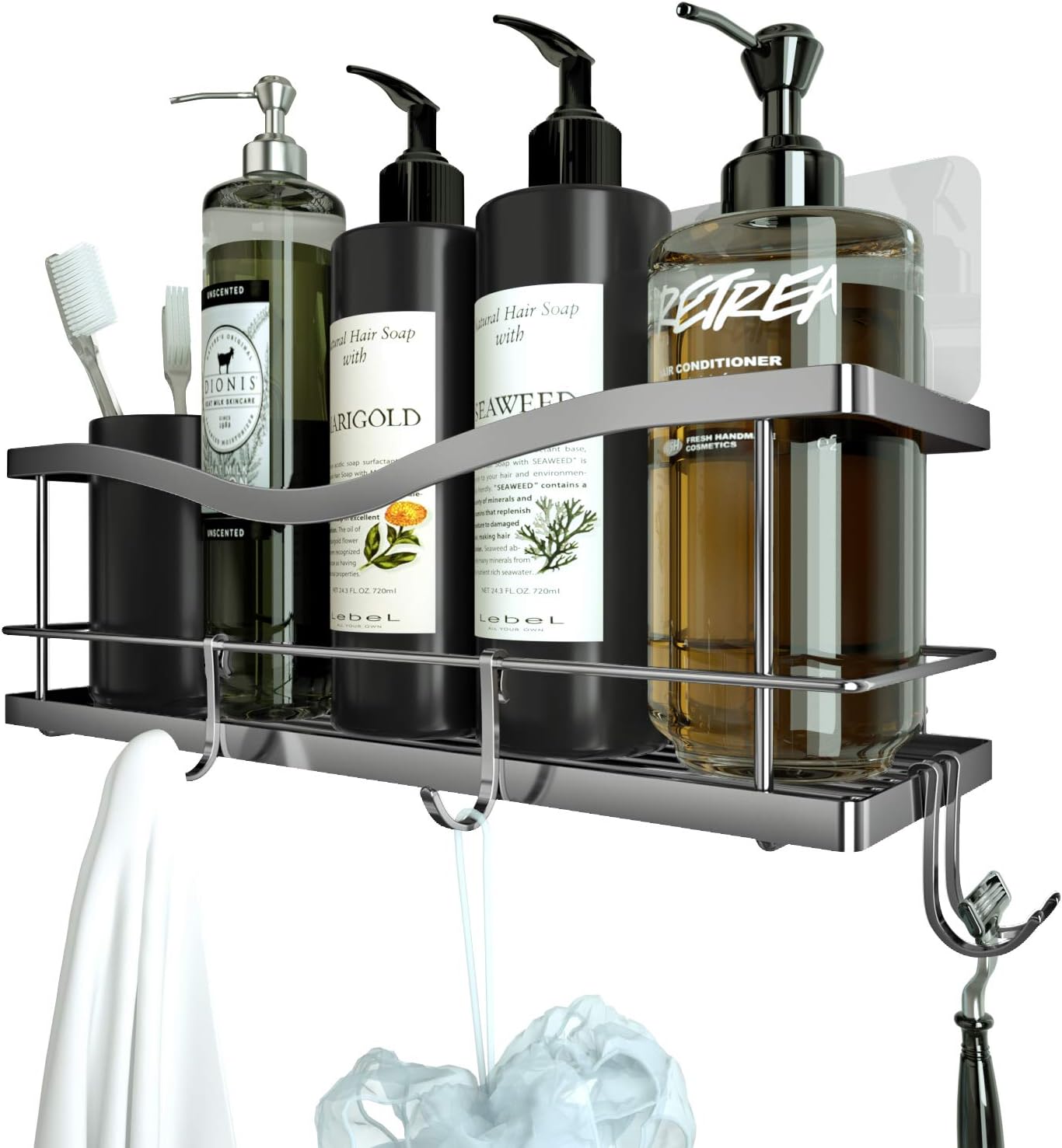 KINCMAX Shower Caddy Basket Shelf with Hooks for Hanging Sponge and Razor,Shampoo Holder Organizer,No Drilling Adhesive Wall Mounted Bathroom Shelf,Rustproof SUS304 Stainless Steel: Home & Kitchen