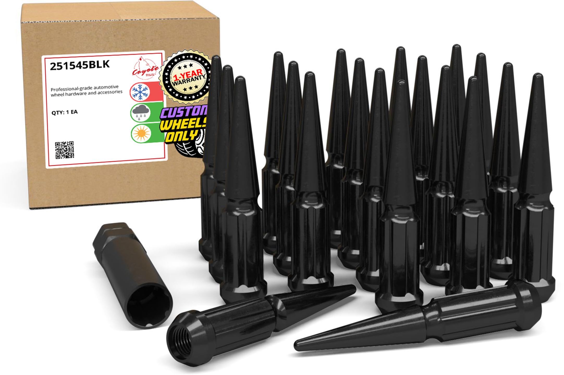 Wheel Accessories Parts 20 Pcs M12x1.5 12x1.5 Thread Spike Spline 4.40" Long Lug Nuts Black 7/8" & 13/16" Hex Fits Chevy Blazer S10 ｜ GMC Jimmy S15 ｜ Bronco Sport Image