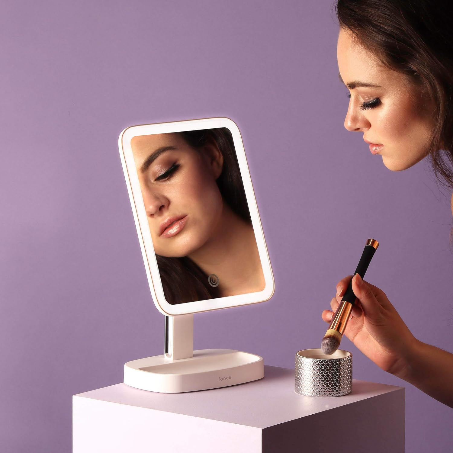 Fancii LED Makeup Vanity Mirror with 3 Light Setting and 15x Magnifying Mirror - Choose Between Soft Warm, Natural Daylight, or Neutral White Lights - Dimmable Countertop Cosmetic Mirror - Aura -