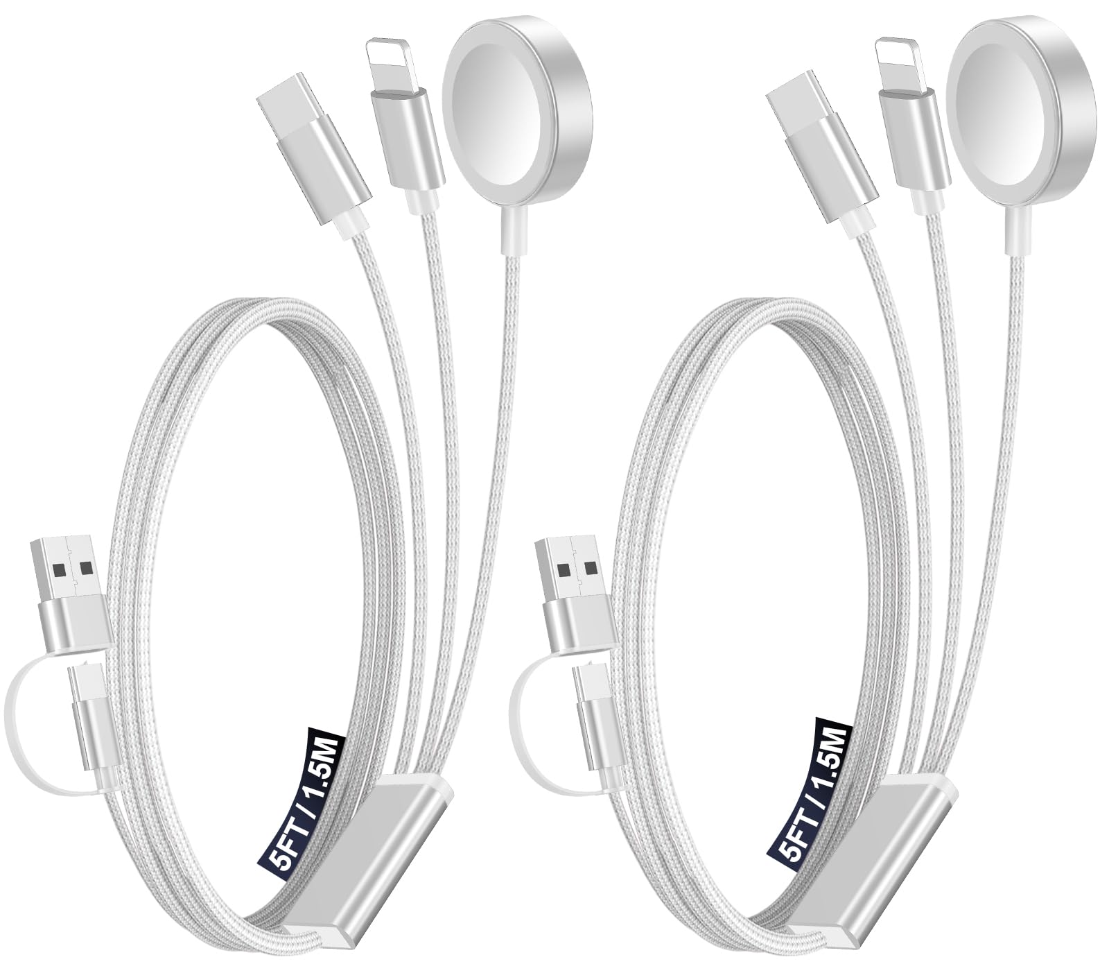2Pack Multi Charging Cable Cord for Travel Essentials,Apple Watch Charger,iPhone Charger,[3-in-2] Type C/Lightning Cable Portable Designed for iWatch,iPhone 17-8,Galaxy S25-21,AirPods,iPad-1.5M White