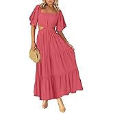 LEANI Women's 2025 Summer Cutout Maxi Dress Square Neck Short Sleeve Crossover Waist Casual Party Dresses