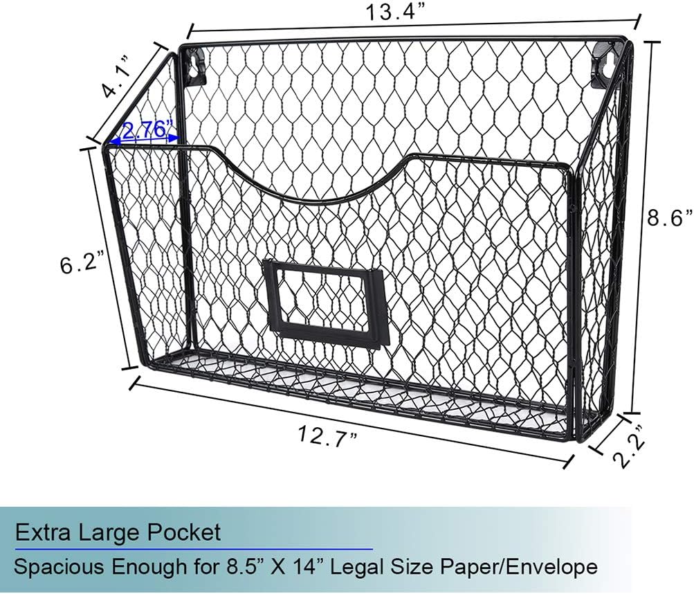 PAG 3 Pockets Hanging File Holder Wall Mount Mail Organizer Metal Chicken Wire Magazine Rack with Tag Slot, Black : Office Products
