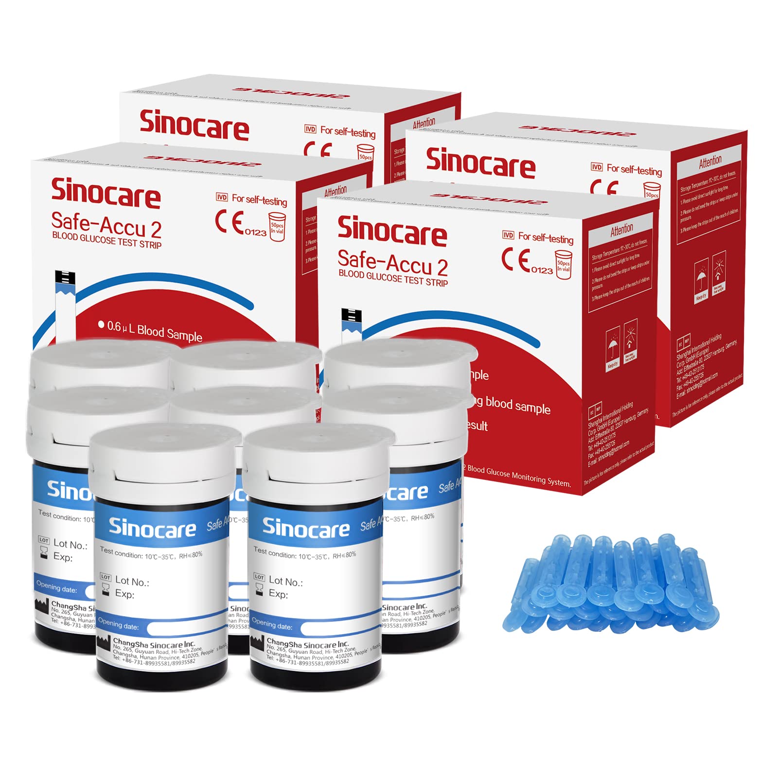 sinocare (Safe-Accu2) Blood Glucose Test Strips/Blood Sugar Test Strips 100 pcs No Need Code & Lancing Devices x 100 / for sinocare Safe-Accu2 Blood Glucose Monitor Only