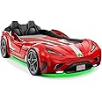 Cilek GTS EV Twin Race Car Bed for Boys with Remote Control, LED Lights & Sounds, Vegan Leather Headboard, Guardrails, Non-Toxic, Fits Twin Mattress, 250 lbs. Capacity, Suitable for ages 3-12, Red