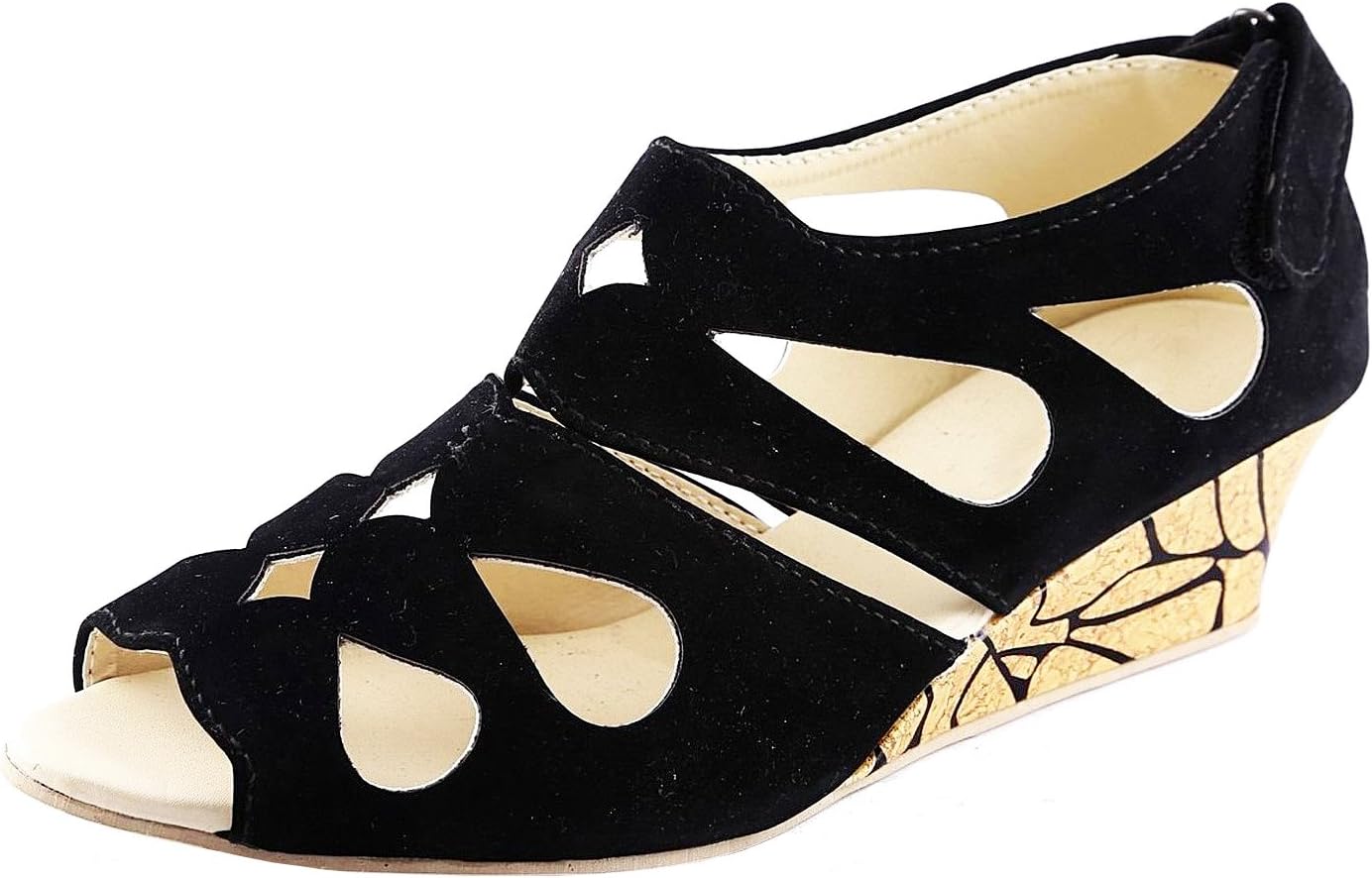 Kanchan Women's Black Wedges Sandal