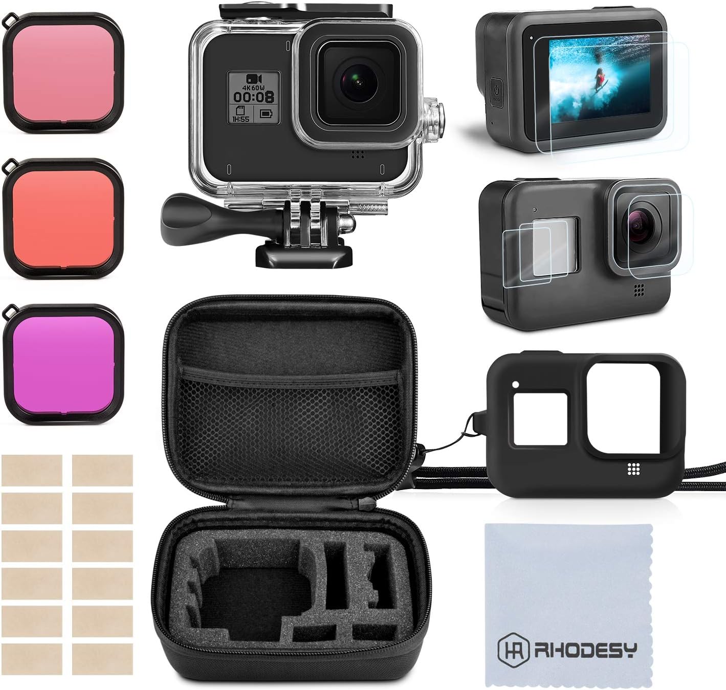 Rhodesy Kit Accessories Set for GoPro Hero 8 Black, Protective Waterproof Housing Case + Tempered Film + Silicone Sleeve Case + Filter Accessories for GoPro Hero 8 Black Action Camera