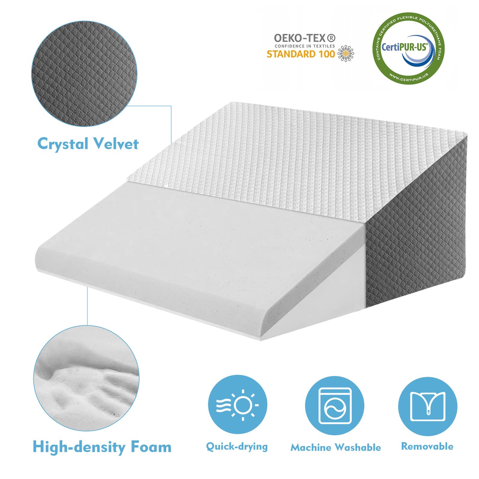 Wedge Pillow for Sleep Apnea, 12 Inch Bed Wedge Pillow for Headboard, Headboard Triangle Pillow Wedge for Acid Reflux, After Surgery, Snoring, Cooling Memory Foam Top, Removable Cover