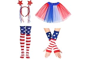 Ninewheat Women's Patriotic 4th of July Costume Accessories Set with Headband, Tutu Skirt, Arm Sleeves, Stockings for Independence Day Parade Halloween Canival 70s 80s Party