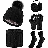 SATINIOR 5 Pcs Winter Satin Lined Hat Scarf Gloves Set Knit Pompom Beanie Warm Touchscreen Glove Earmuff Ear Warmer for Women