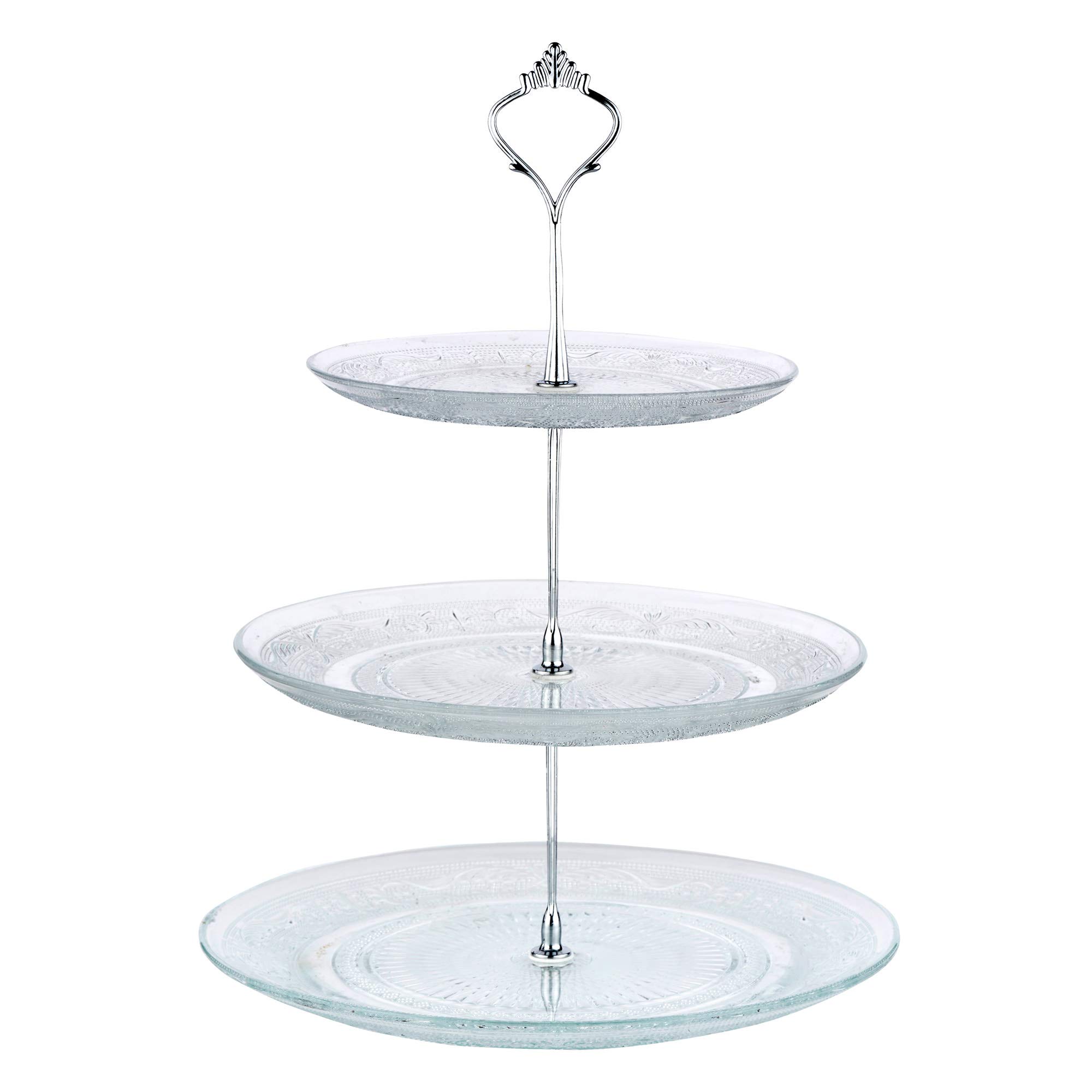 Nyxi 3 Tier Cake Stand Afternoon Tea Serving Plate Embossed Glass Cake Stand Round Display with New Crown Fittings