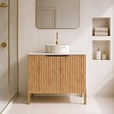 30" Bathroom Vanity with Sink, Wood Cabinet, Round Vessel Sink | White round ceramic vessel sink, stone countertop, woodgrain cabinet, soft-close doors and spacious bathroom storage