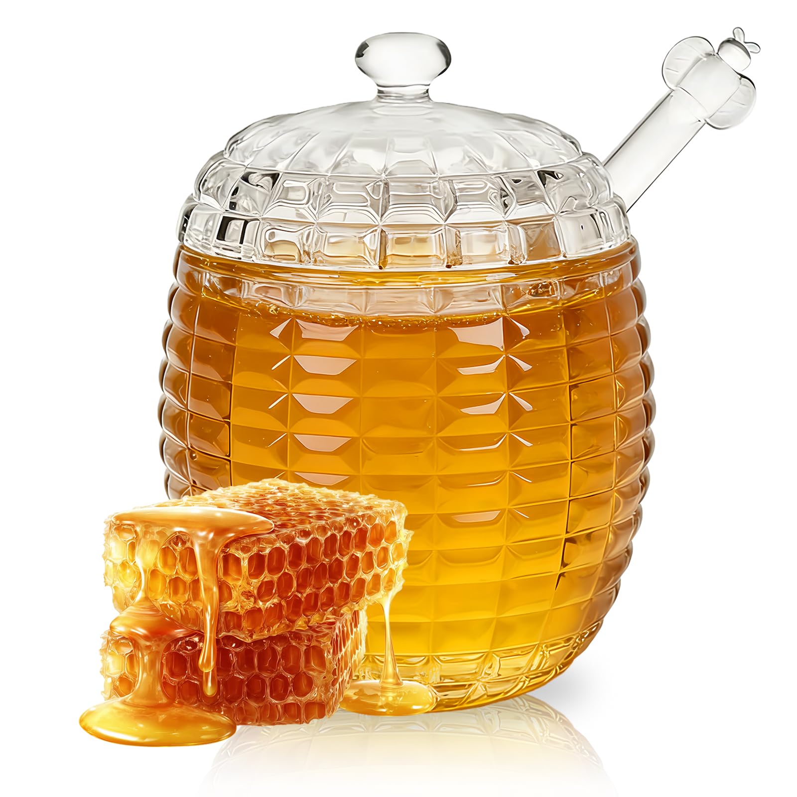 MEETOZ Glass Honey Pot, Equipped with Glass Honey Stick, Honey Pot Glasss Holder Dispenser, For home kitchens