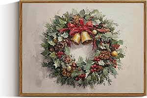 VIYYIEA Framed Canvas Wall Art Home Decor,Vintage Christmas Canvas Wall Art Framed,Christmas Wreath Pictures Prints,Rustic Farmhouse Winter Painting for Living Room,16L x 12W