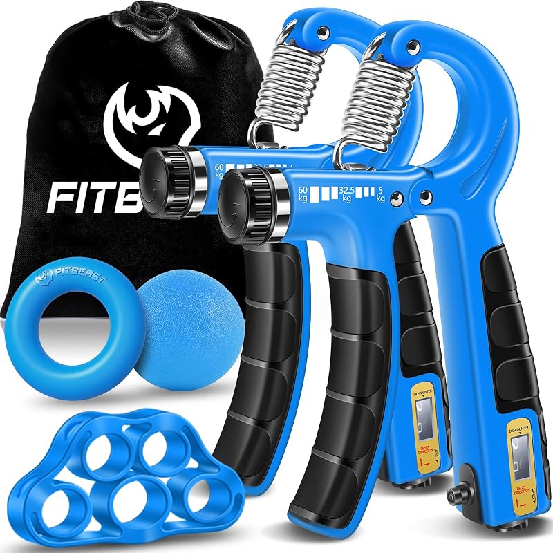 FitBeast Hand Grip Strengthener 5 Pack Adjustable 5kg-60kg Sky Blue