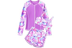 Ghteas Girls 3 Piece Swimsuit Long Sleeve Rash Guard Zipper Bathing Suit UPF 50+ Summer Swimwear for Girl 5-14 Years