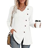 TAOHUADAO Women's Long Sleeve Sweaters V-Neck Tunic Tops with Button Sides Loose Casual Fall Blouses Shirts for leggings