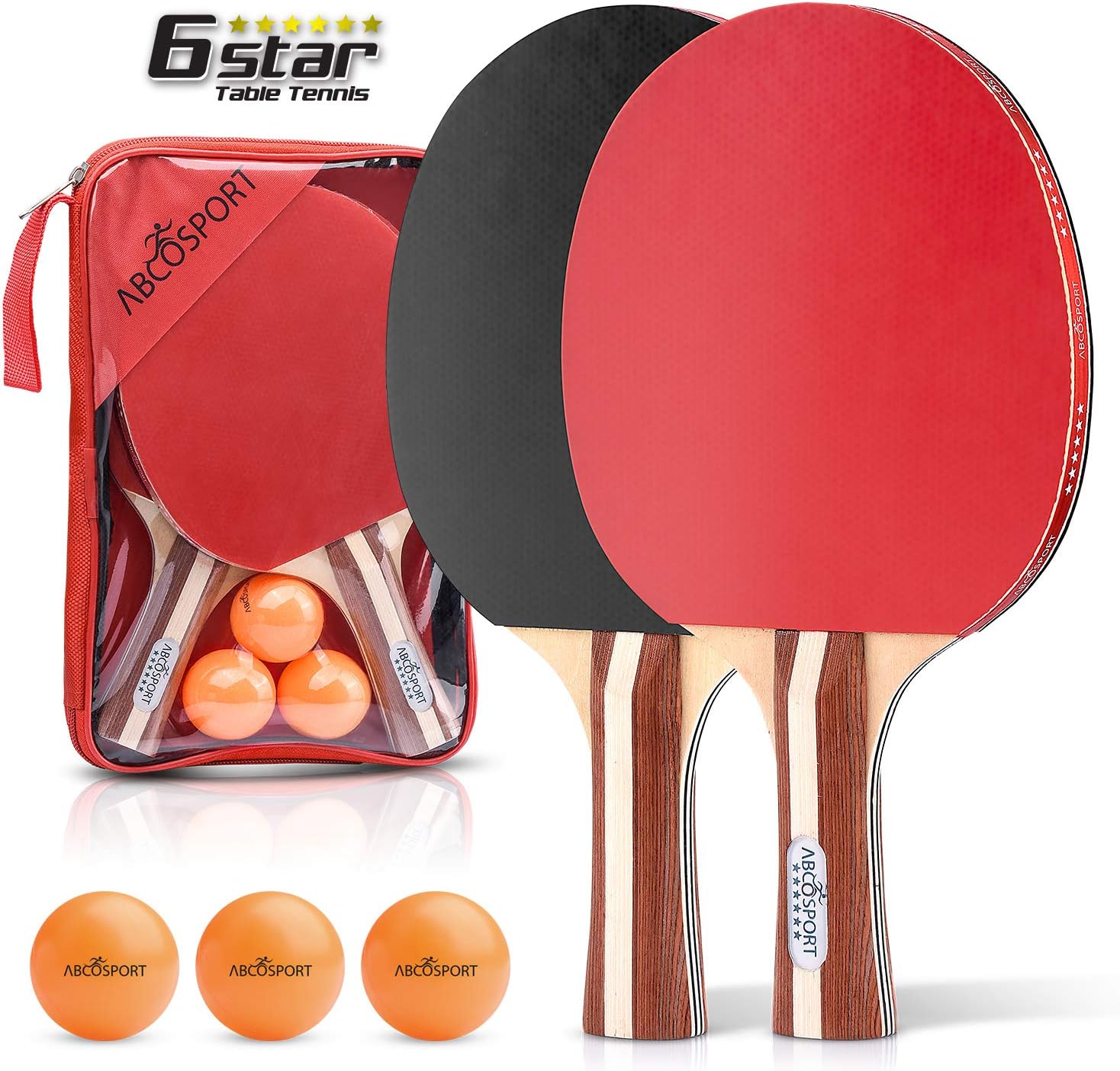 Abco Tech 6 Star Ping Pong Paddle Set of 2 Table Tennis Rackets with 3 Orange Balls – Soft Sponge Rubber & 7-Ply Paddles – Professional Quality –Durable & Travel-Friendly