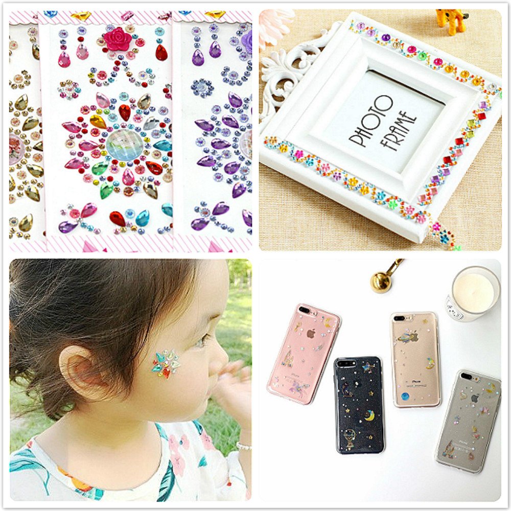 1480 Pieces Self-adhesive Craft Jewels, Morkia 8 Sheets Self-adhesive Rhinestone Stickers Stick-on Crystal Gem Sheets for DIY Crafts Decoration, Assorted Colors, Square, Round and Heart Shaped