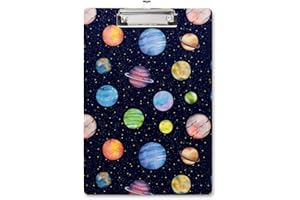 WAVEYU Cute Hardboard Clipboard for Kids Boys, Clipboard with Low Profile Clip for Students Classroom School and Office Use 12.5"x 9", Planet Pattern