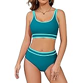 SHEKINI Women's High Waisted Bikini Sets Sporty Two Piece Swimsuit Color Block Cheeky Cute High Cut Bathing Suits