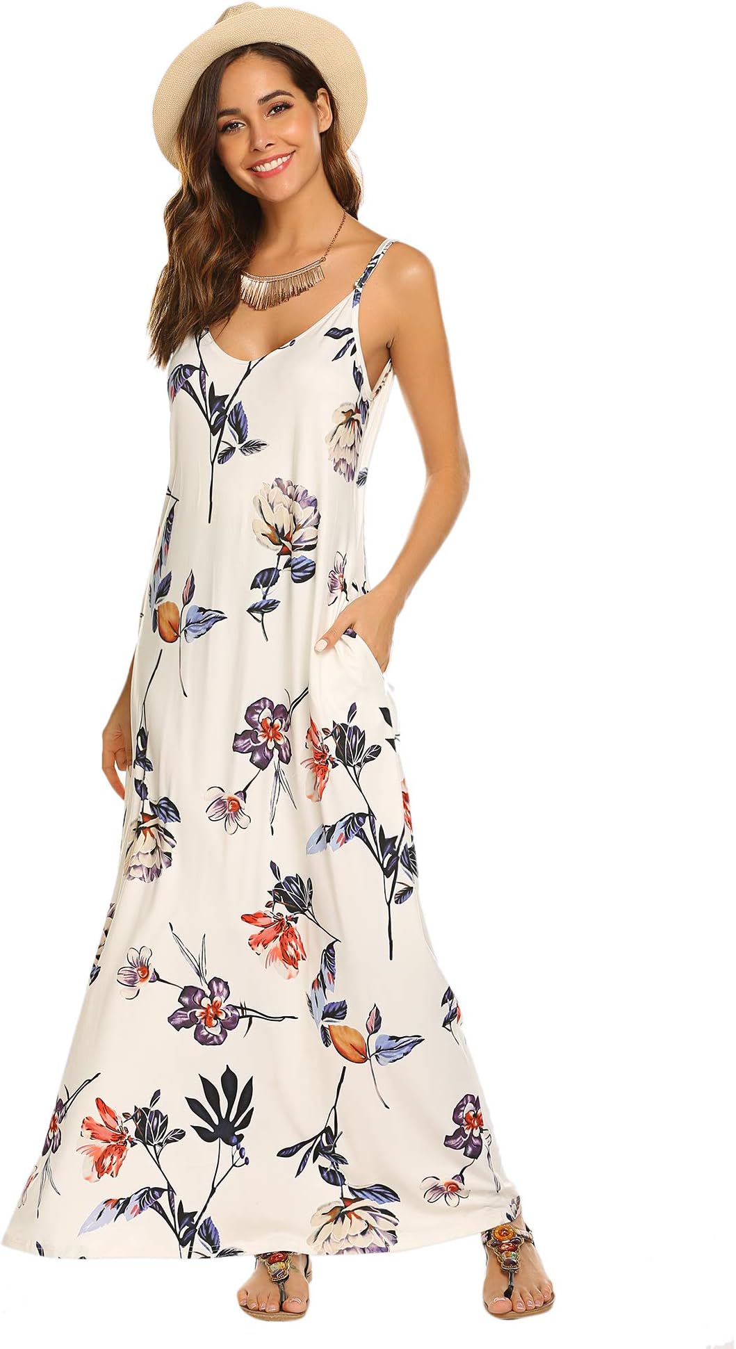OURS Women's Summer Casual Floral Printed Bohemian Spaghetti Strap Floral Long Maxi Dress with Pockets